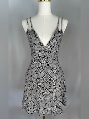 NBD Black and White Printed V-Neck Mini Dress